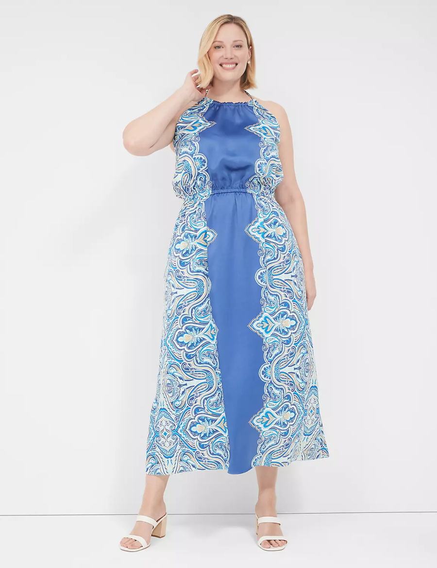 Lane Bryant Satin Halter-Neck Women Maxi Dress Blue | IBV6740PB