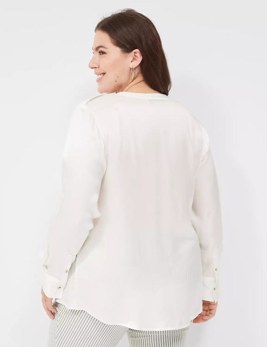 Lane Bryant Satin Long-Sleeve Button-Front Women Blouse White Rose | UWQ7538TH