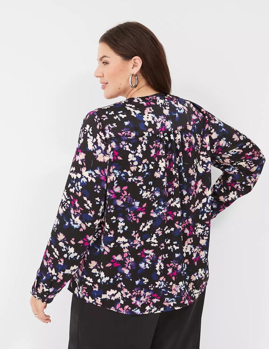 Lane Bryant Satin Ruched-Shoulder Women Blouse Black Multicolor | WVH981YE