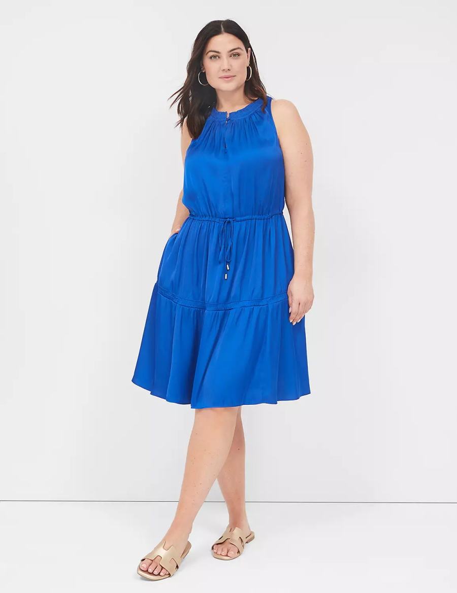 Lane Bryant Satin Smocked-Neck Tie-Waist Women Casual Dress Blue | JJC368ZJ