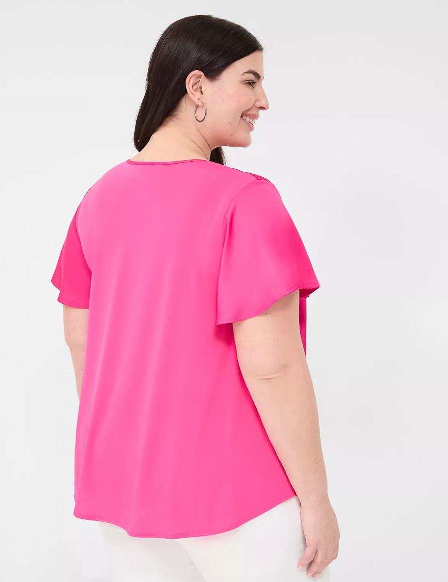 Lane Bryant Satin Smocked-Shoulder Women Blouse Pink | BQV4852CM