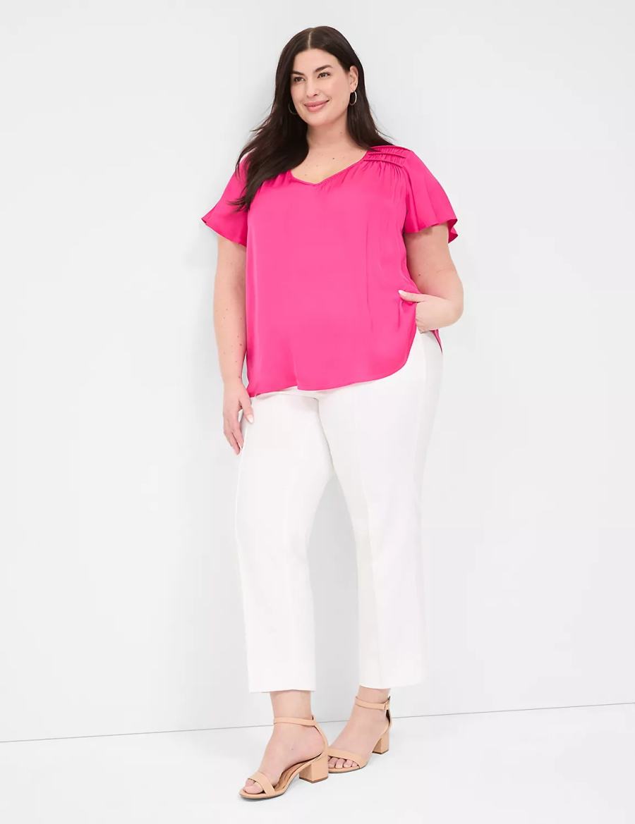 Lane Bryant Satin Smocked-Shoulder Women Blouse Pink | BQV4852CM