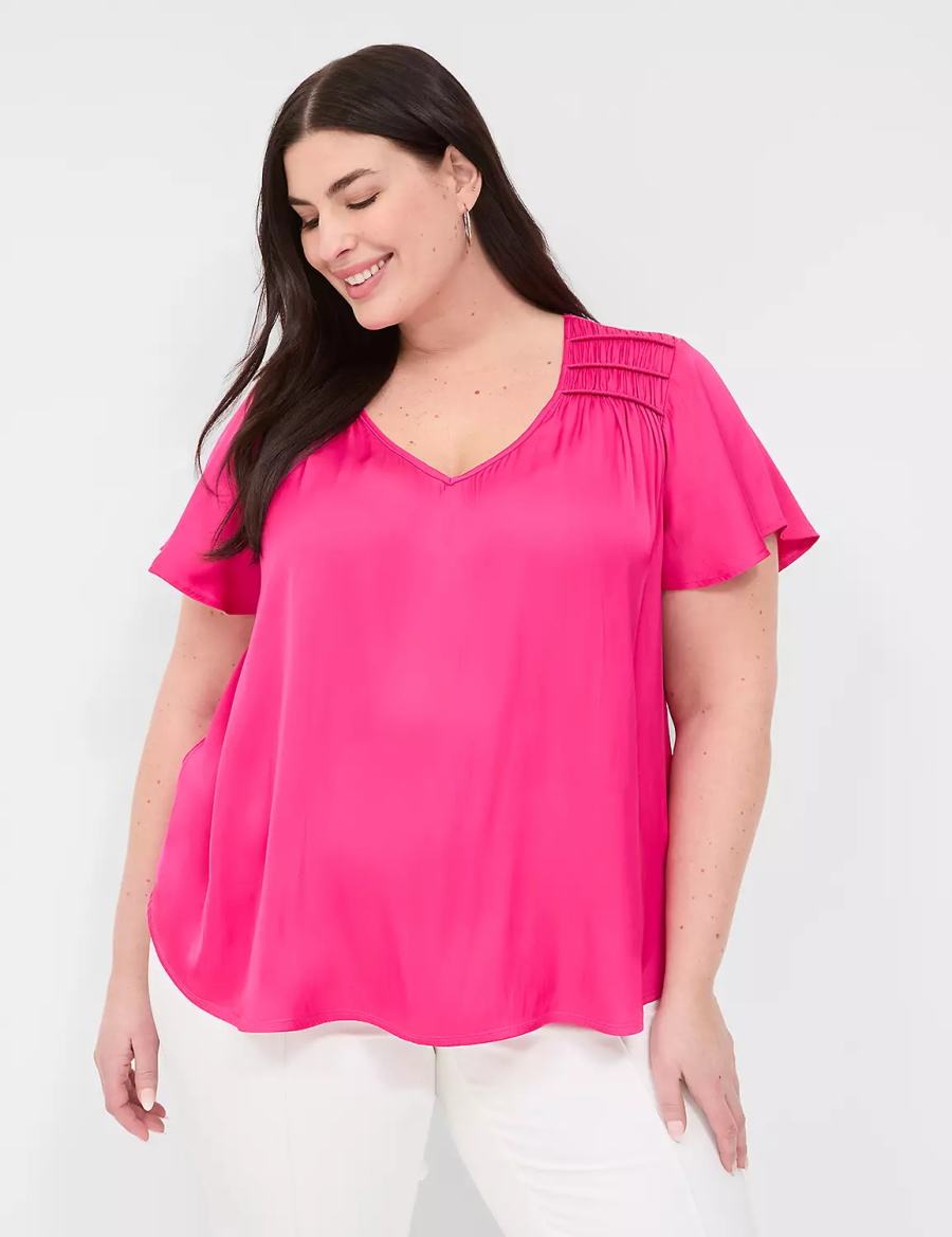 Lane Bryant Satin Smocked-Shoulder Women Blouse Pink | BQV4852CM