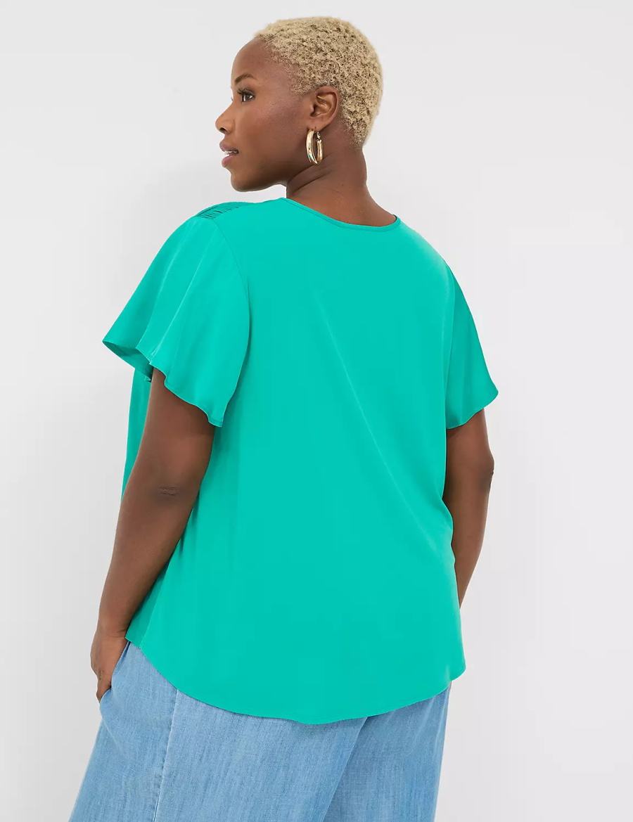 Lane Bryant Satin Smocked-Shoulder Women Blouse Light Turquoise | IJI3533KK