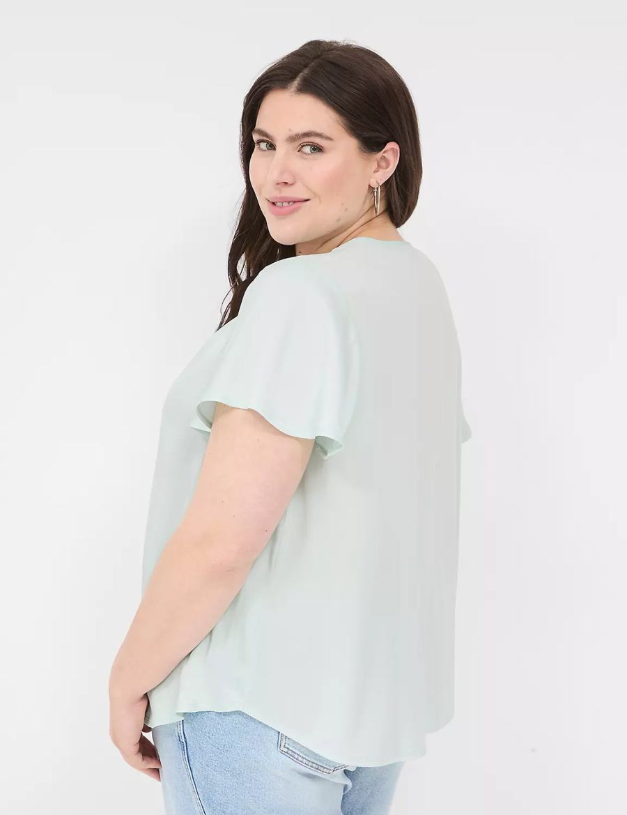 Lane Bryant Satin Smocked-Shoulder Women Blouse Light Green | KUI529CS