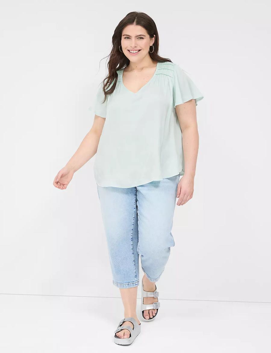 Lane Bryant Satin Smocked-Shoulder Women Blouse Light Green | KUI529CS