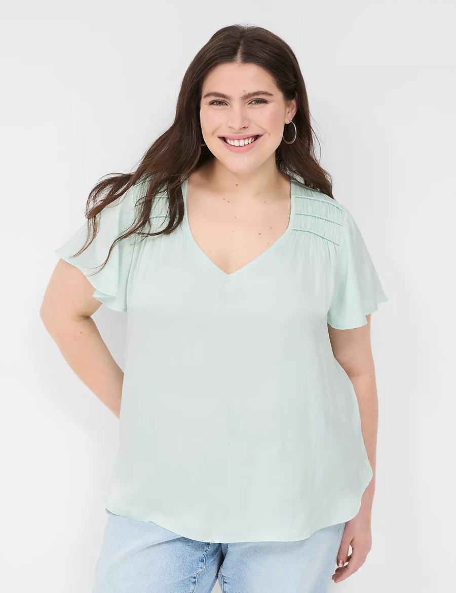 Lane Bryant Satin Smocked-Shoulder Women Blouse Light Green | KUI529CS