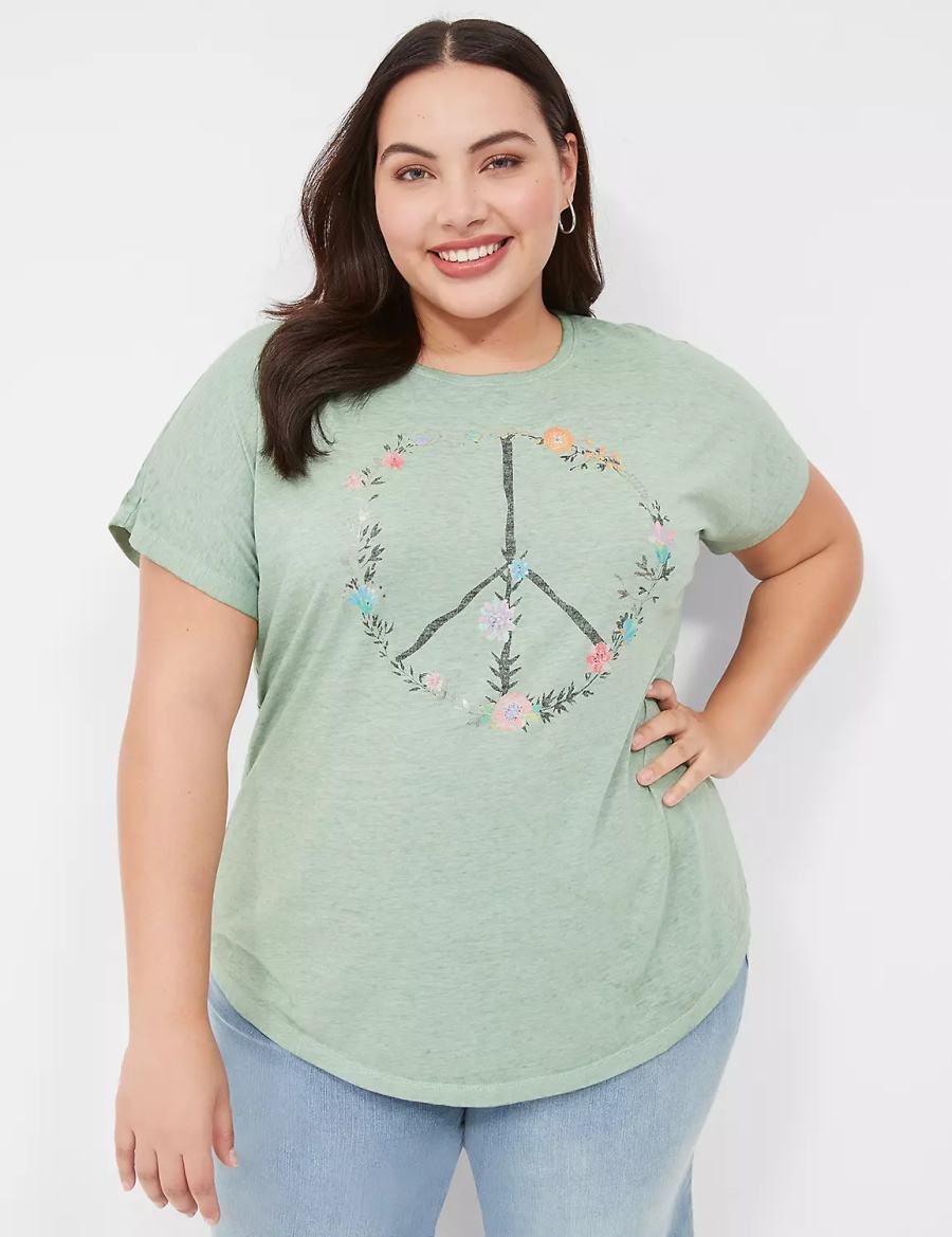 Lane Bryant Scoop-Neck Peace Flowers Graphic Tee Women T Shirts Light Green | VBR1139UL