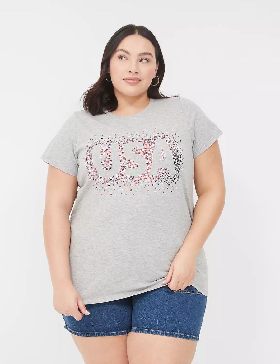 Lane Bryant Sequin USA Graphic Tee Women T Shirts Light Grey | NWU2144NW