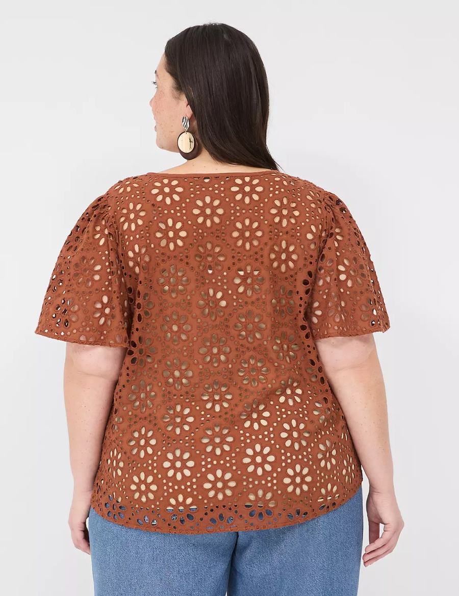 Lane Bryant Sheer Flutter-Sleeve Eyelet Top Women T Shirts Brown | ZWG5294ZK