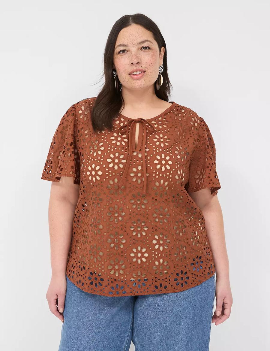 Lane Bryant Sheer Flutter-Sleeve Eyelet Top Women T Shirts Brown | ZWG5294ZK