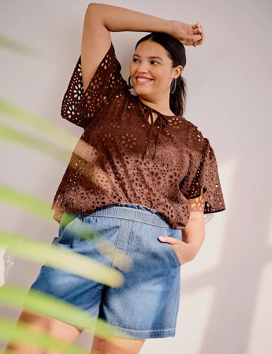 Lane Bryant Sheer Flutter-Sleeve Eyelet Top Women T Shirts Brown | ZWG5294ZK