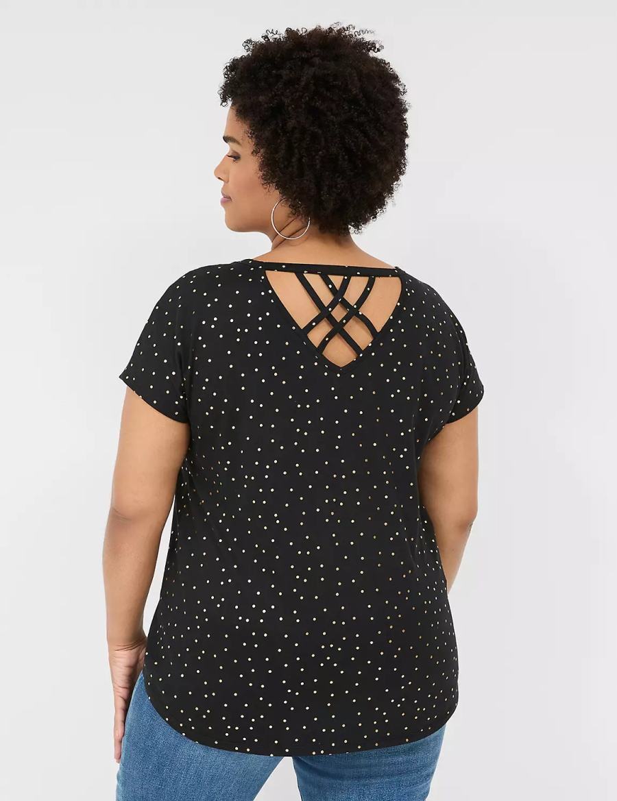 Lane Bryant Shimmer Foil Strappy-Back Tee Women T Shirts Black | WFS1796QK