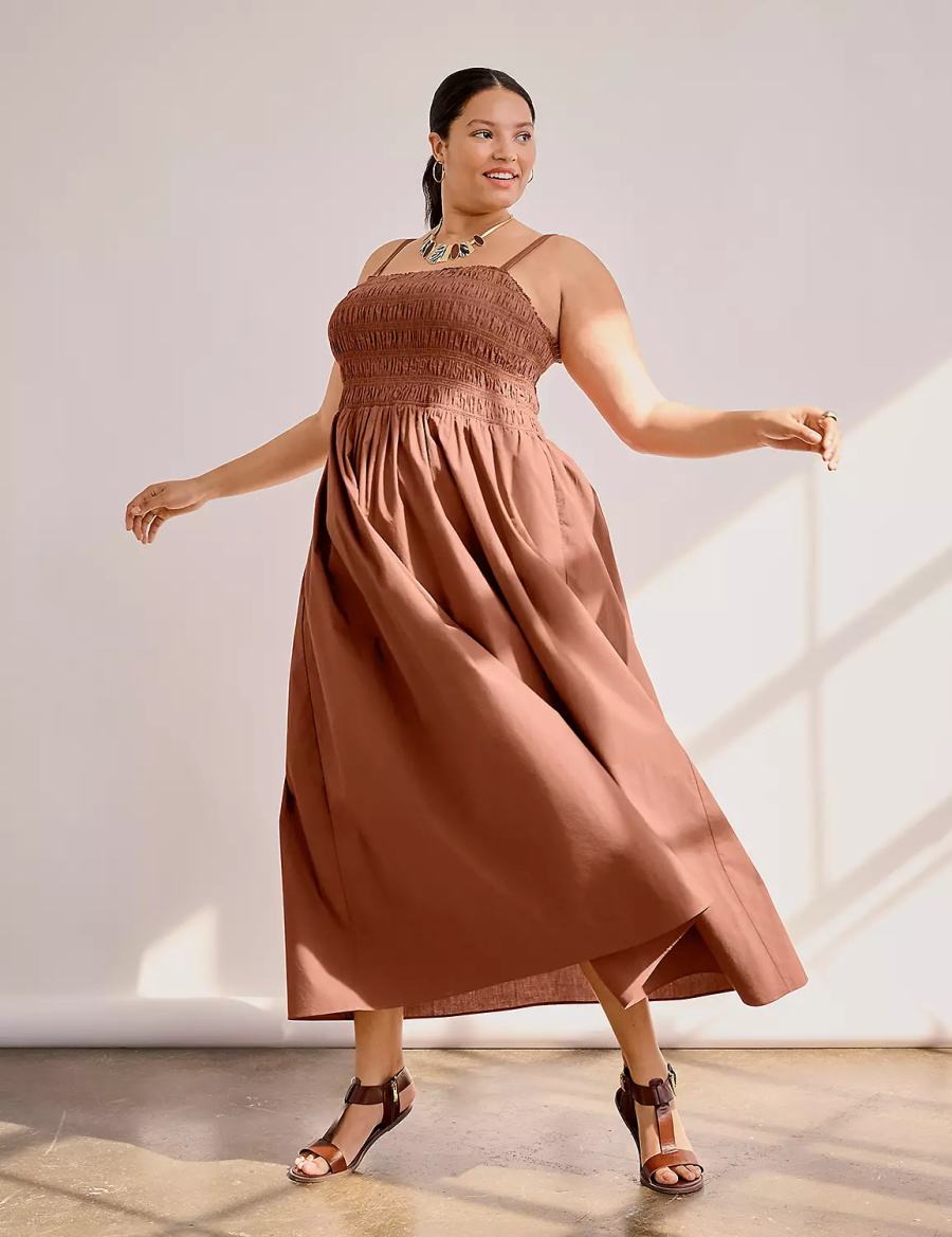 Lane Bryant Shirred-Bodice Square-Neck Women Maxi Dress Brown | CAI4953ZE