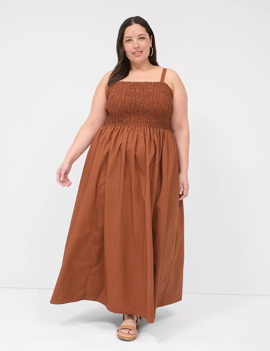 Lane Bryant Shirred-Bodice Square-Neck Women Maxi Dress Brown | CAI4953ZE