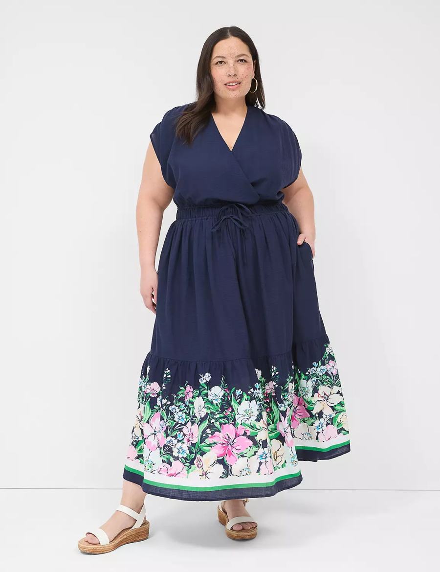 Lane Bryant Shirred-Shoulder Double-Waist Women Maxi Dress Dark Blue | WFC5214MC