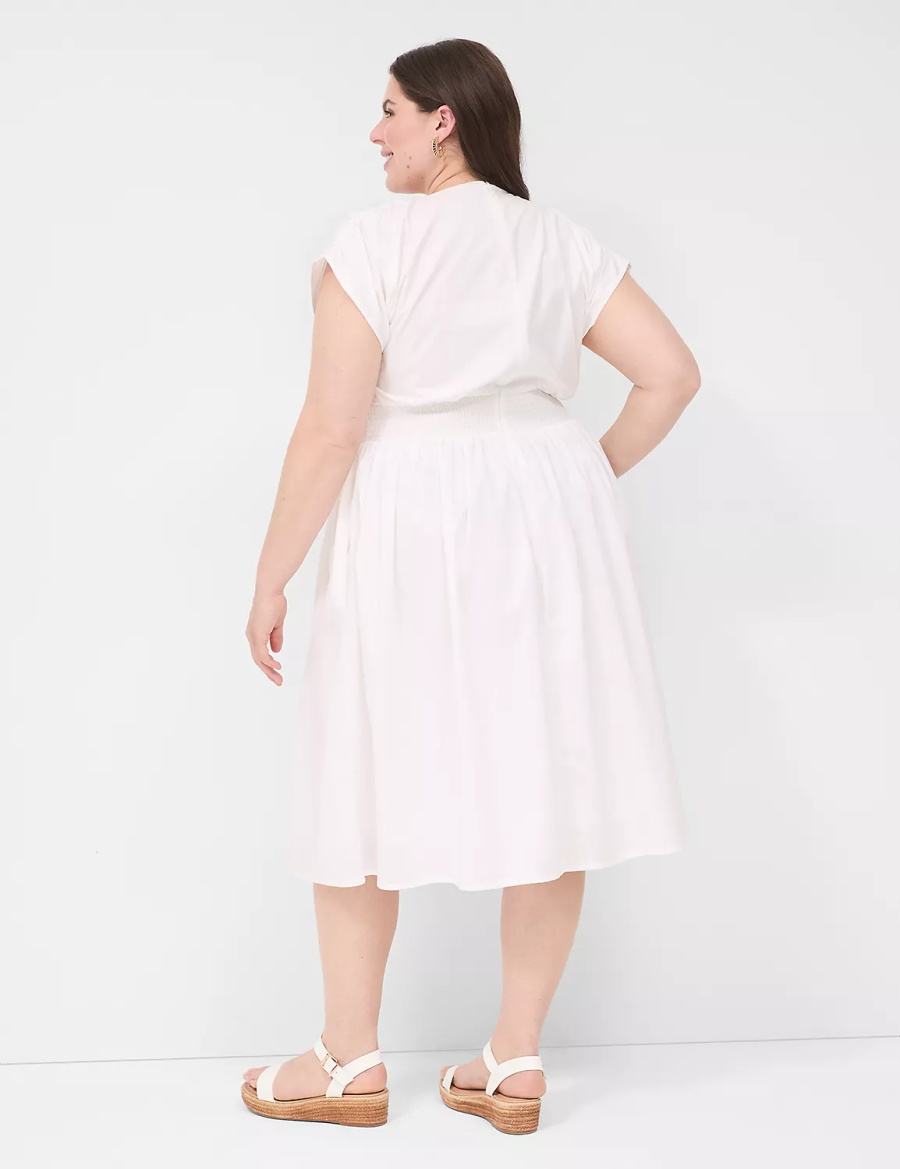 Lane Bryant Shirred-Shoulder Smocked-Waist Women Midi Dress White | NVR1999CA