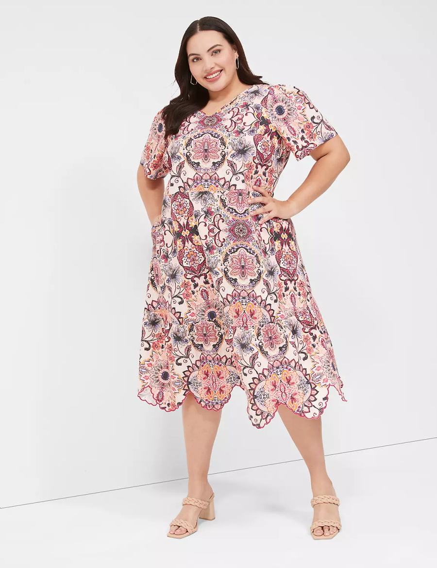 Lane Bryant Short-Sleeve Scallop-Hem Women Midi Dress Multicolor | JWP7236UO