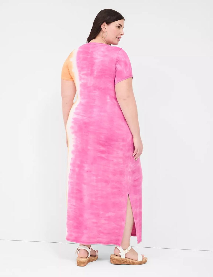 Lane Bryant Short-Sleeve Side-Slit Tie Dye Women Maxi Dress Pink Orange | FSN5289DB