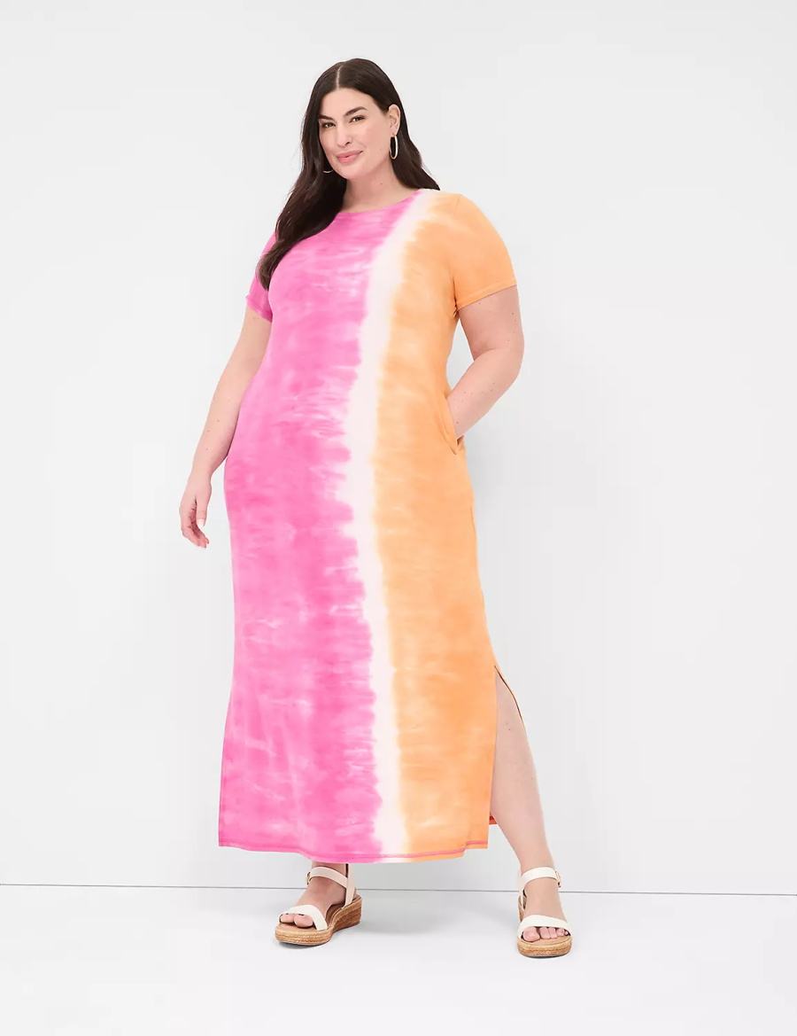 Lane Bryant Short-Sleeve Side-Slit Tie Dye Women Maxi Dress Pink Orange | FSN5289DB