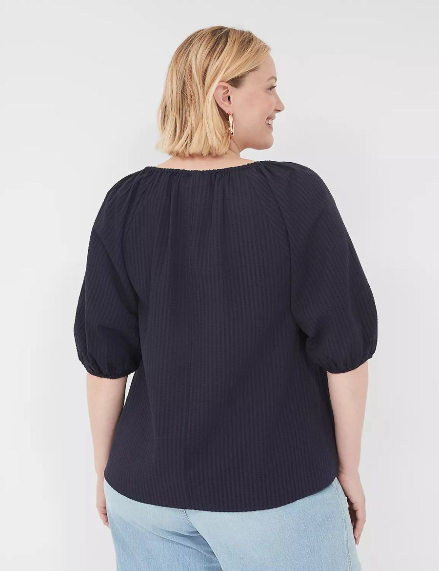 Lane Bryant Short-Sleeve Split-Neck Popover Women Blouse Blue | TAB9591CG