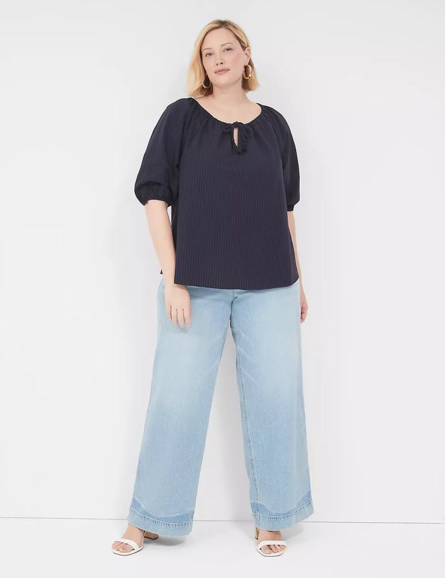 Lane Bryant Short-Sleeve Split-Neck Popover Women Blouse Blue | TAB9591CG