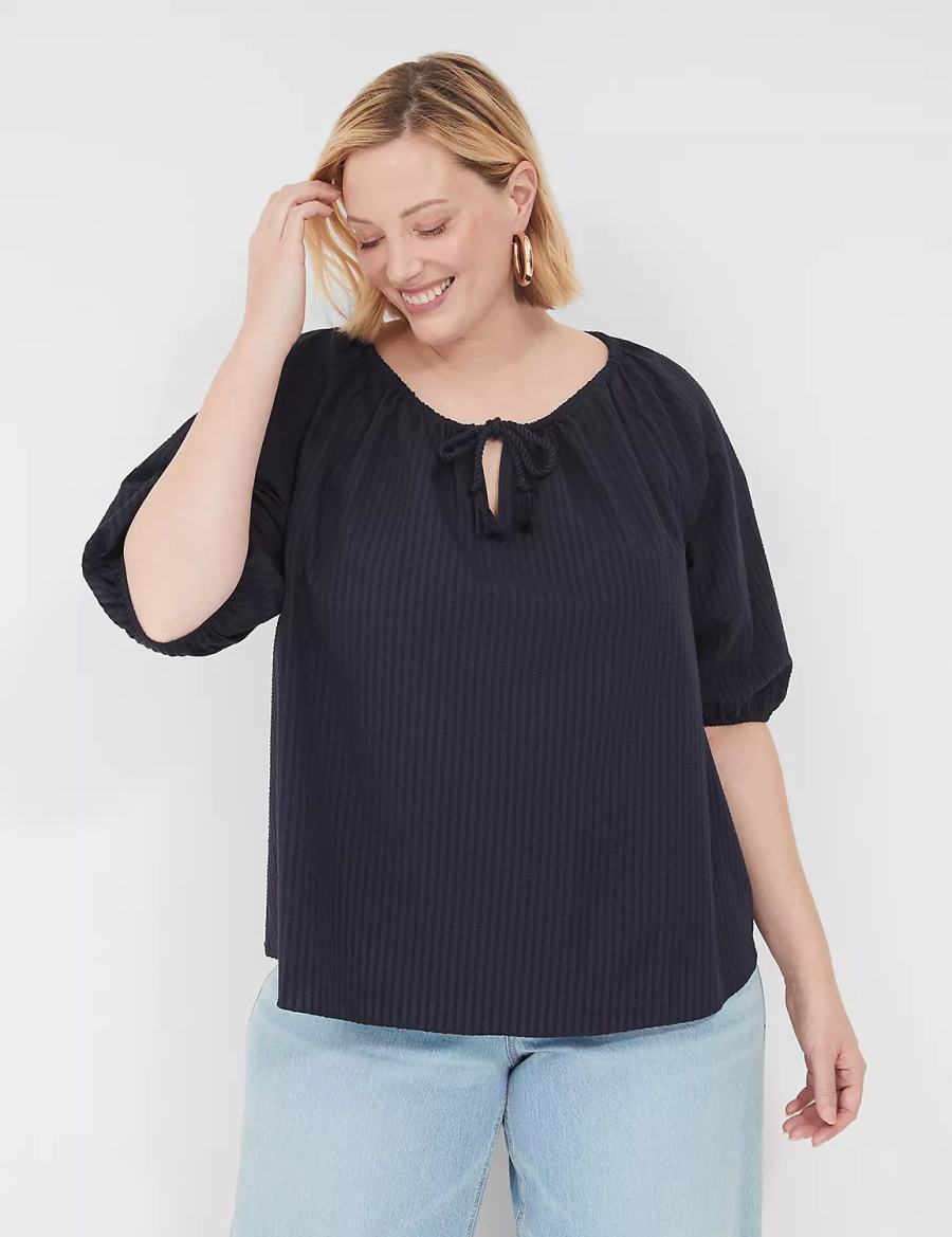 Lane Bryant Short-Sleeve Split-Neck Popover Women Blouse Blue | TAB9591CG