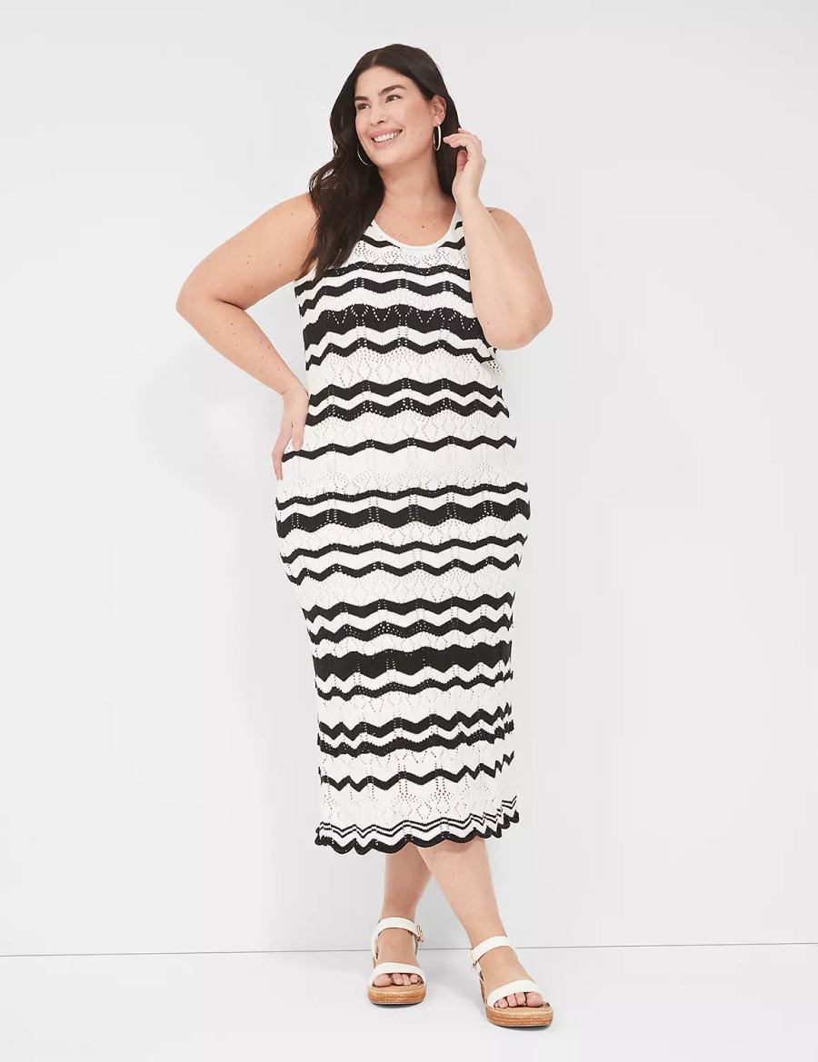 Lane Bryant Sleeveless Chevron Stripe Sweater Women Knitted Dress Black White Stripes | ZXF5814YV