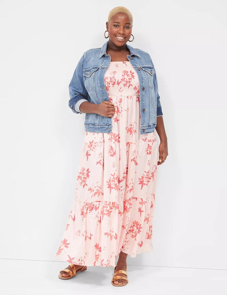 Lane Bryant Sleeveless Tiered Women Maxi Dress White Pink | IXR7173PC