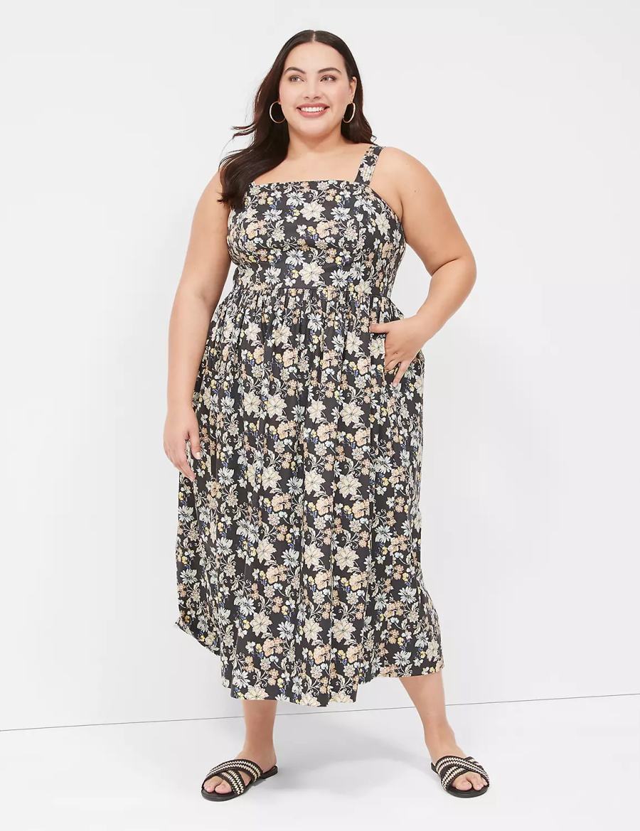 Lane Bryant Smocked-Back Pleated Women Midi Dress Yellow Black | ULQ2730BO