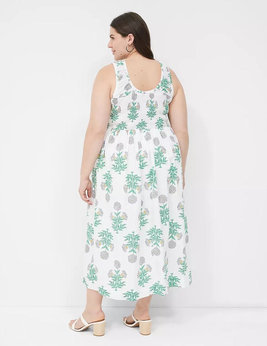 Lane Bryant Smocked-Bodice Women Midi Dress White Green | OQS5726NB