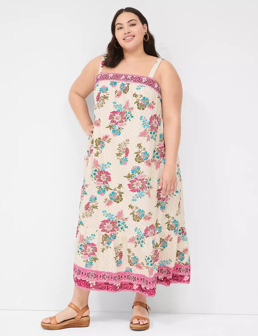 Lane Bryant Smocked Square-Neck Women Maxi Dress White Multicolor | ABY8660BX