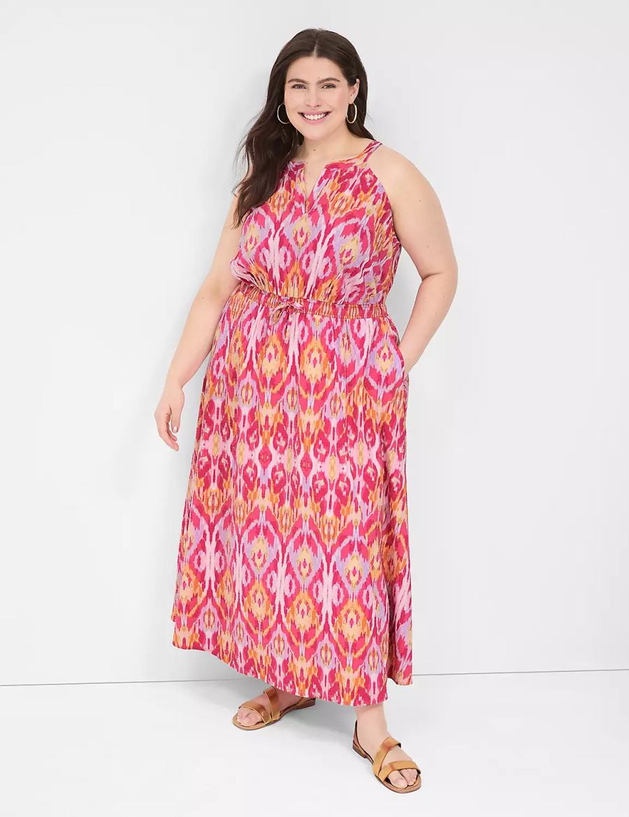 Lane Bryant Split-Neck Tie-Waist Women Maxi Dress Pink | WRK368FV