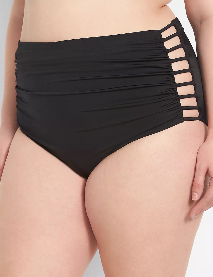 Lane Bryant Strappy Ruched-Side High-Waist Swim Women Briefs Black | XJG7432LO