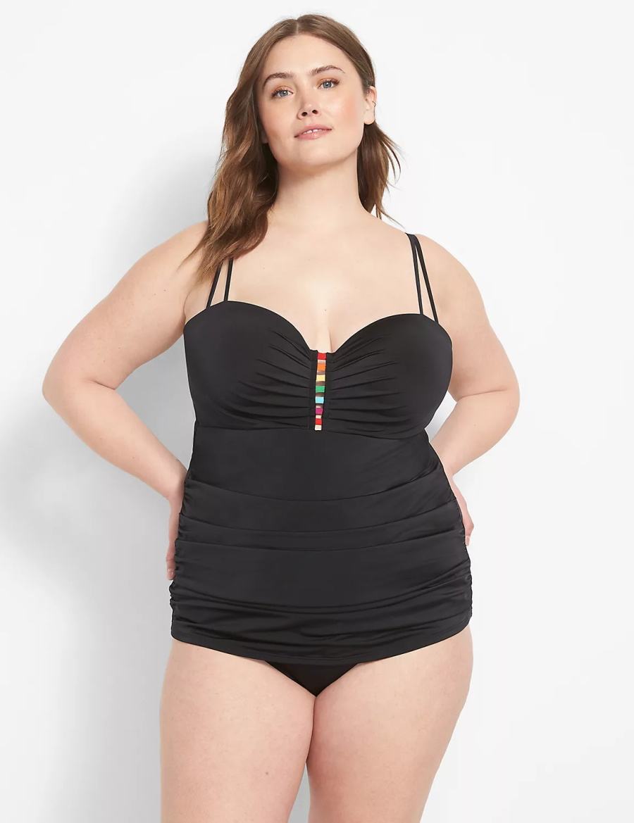 Lane Bryant Strappy Ruched-Side High-Waist Swim Women Briefs Black | XJG7432LO