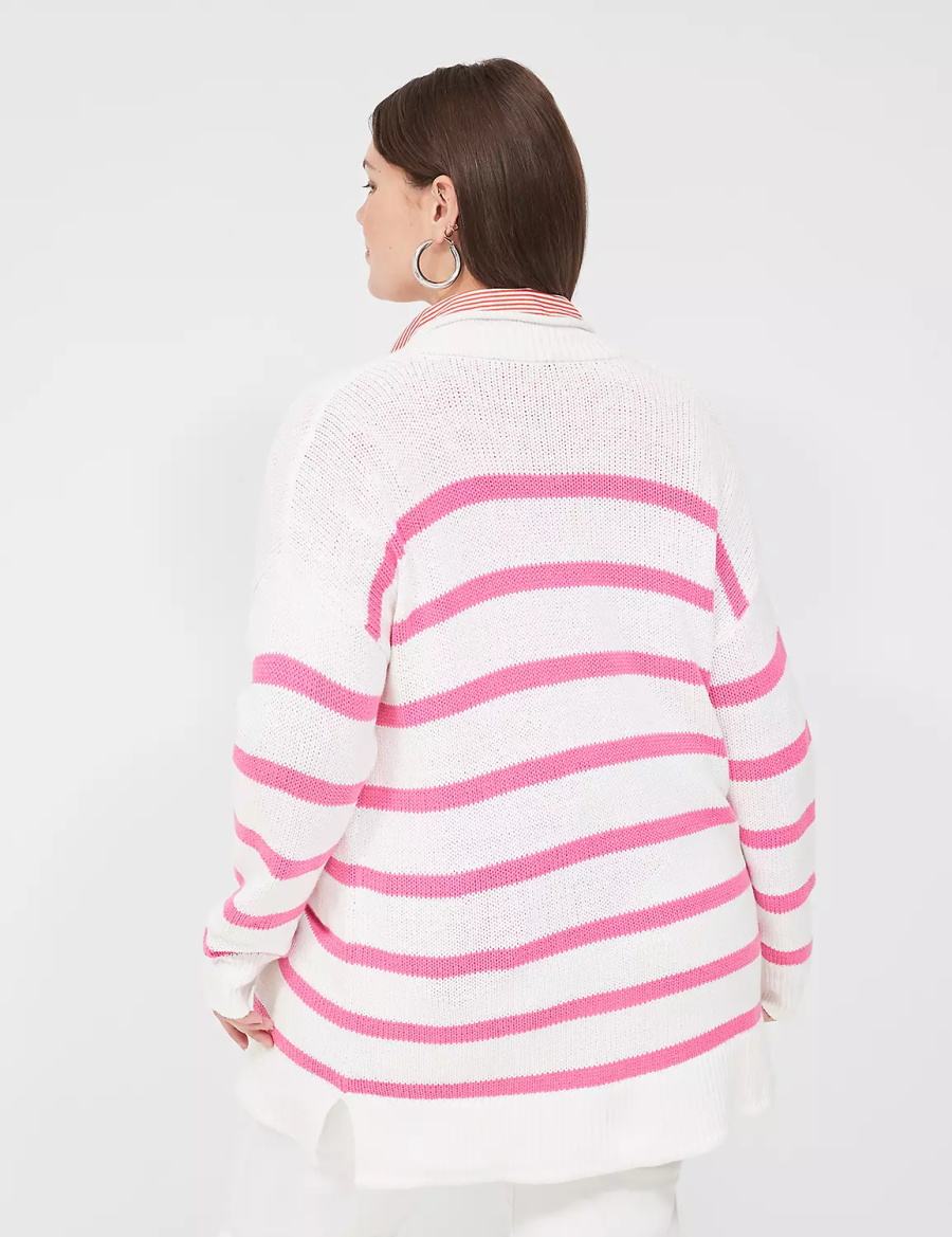 Lane Bryant Striped Open-Front Women Cardigan Pink White Stripes | GDF6611RD