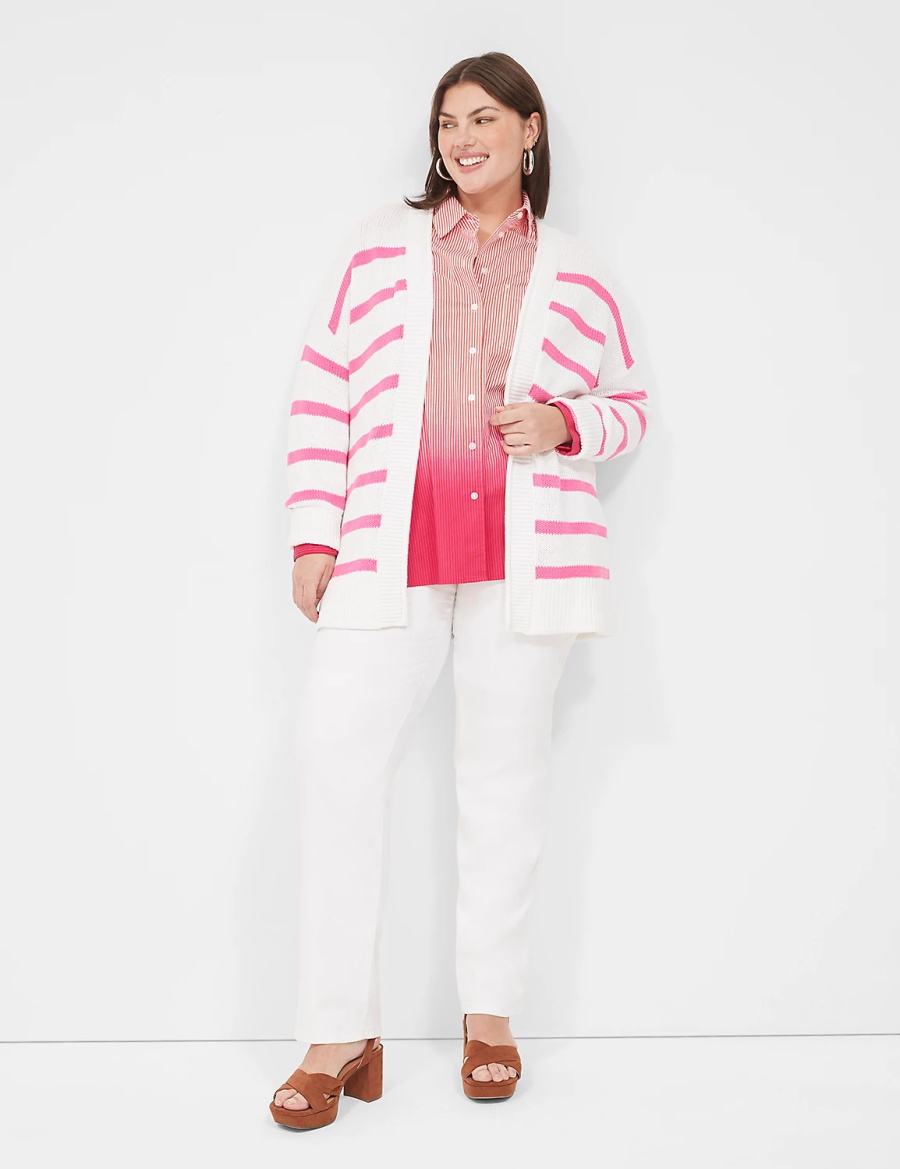 Lane Bryant Striped Open-Front Women Cardigan Pink White Stripes | GDF6611RD