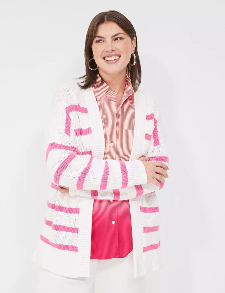 Lane Bryant Striped Open-Front Women Cardigan Pink White Stripes | GDF6611RD