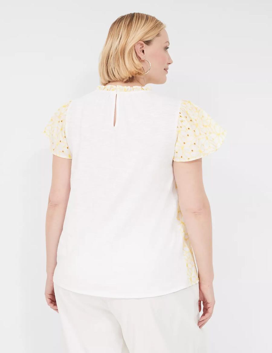 Lane Bryant Subtle Swing Cap-Sleeve Eyelet & Knit Top Women T Shirts Yellow | NXF198AM