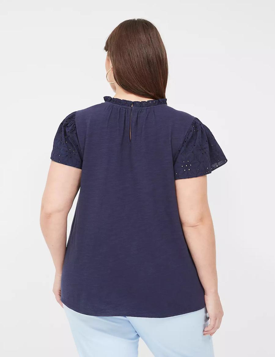 Lane Bryant Subtle Swing Cap Ruffle-Sleeve Eyelet & Knit Top Women T Shirts Blue | RBV8398DE