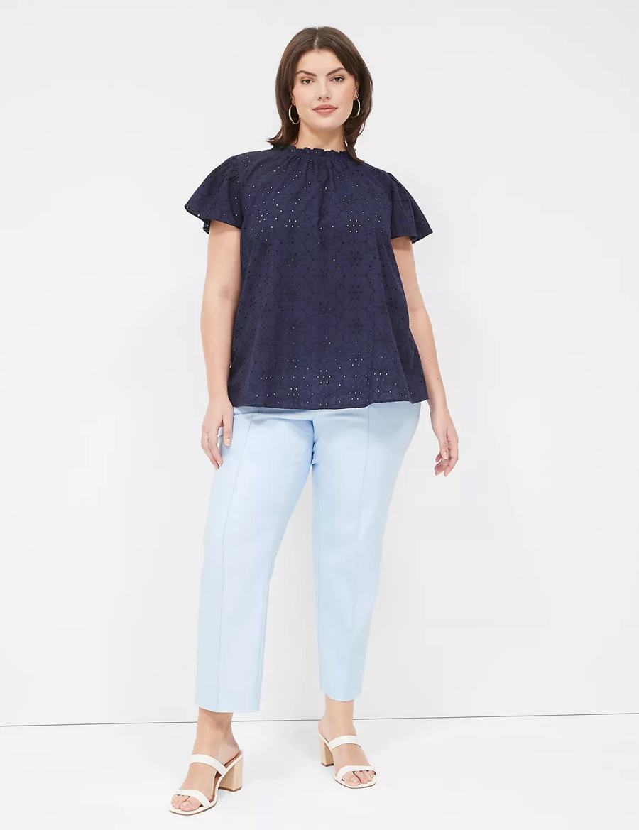 Lane Bryant Subtle Swing Cap Ruffle-Sleeve Eyelet & Knit Top Women T Shirts Blue | RBV8398DE