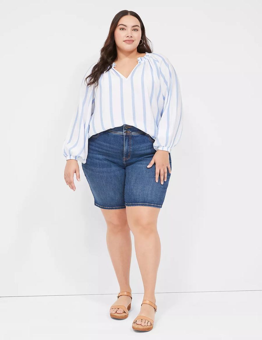 Lane Bryant Swing-Sleeve Popover Women Blouse Blue Stripes | DRG3176RF