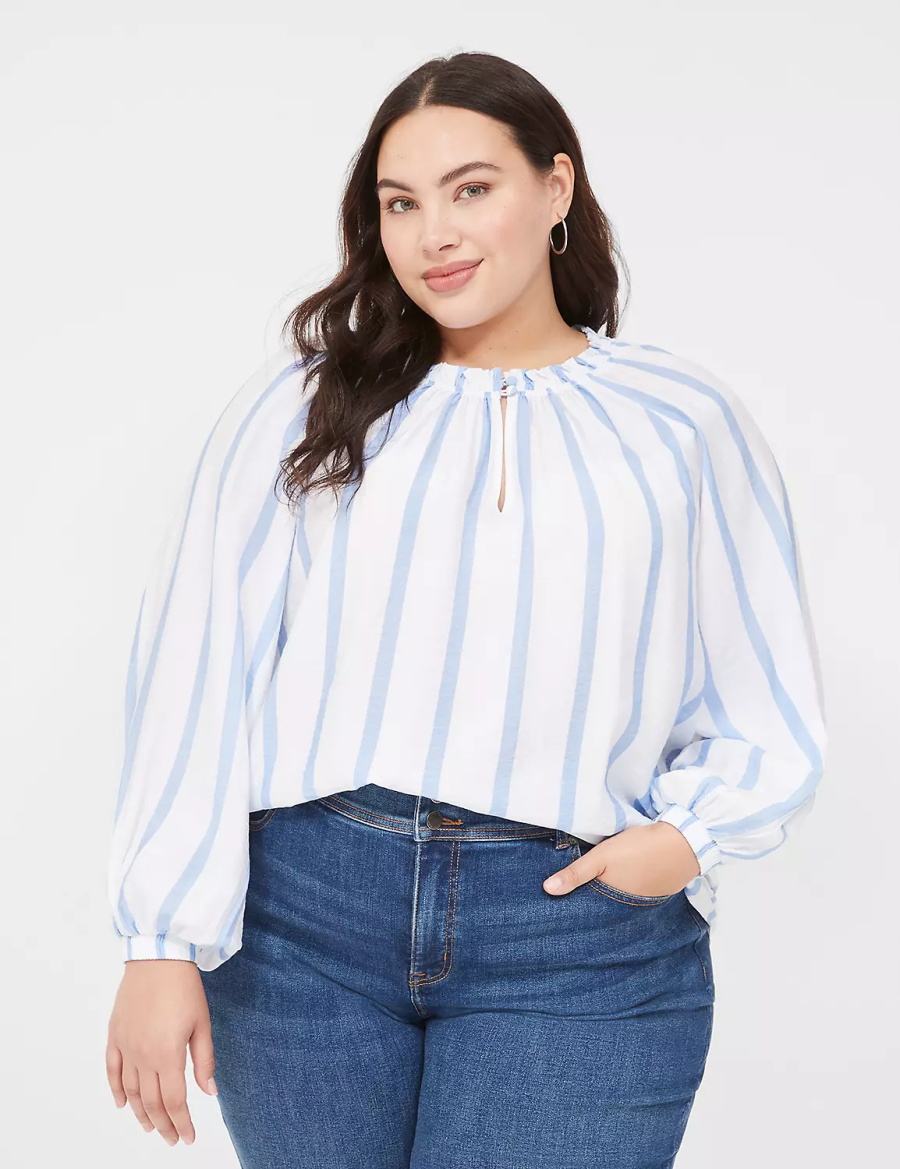 Lane Bryant Swing-Sleeve Popover Women Blouse Blue Stripes | DRG3176RF