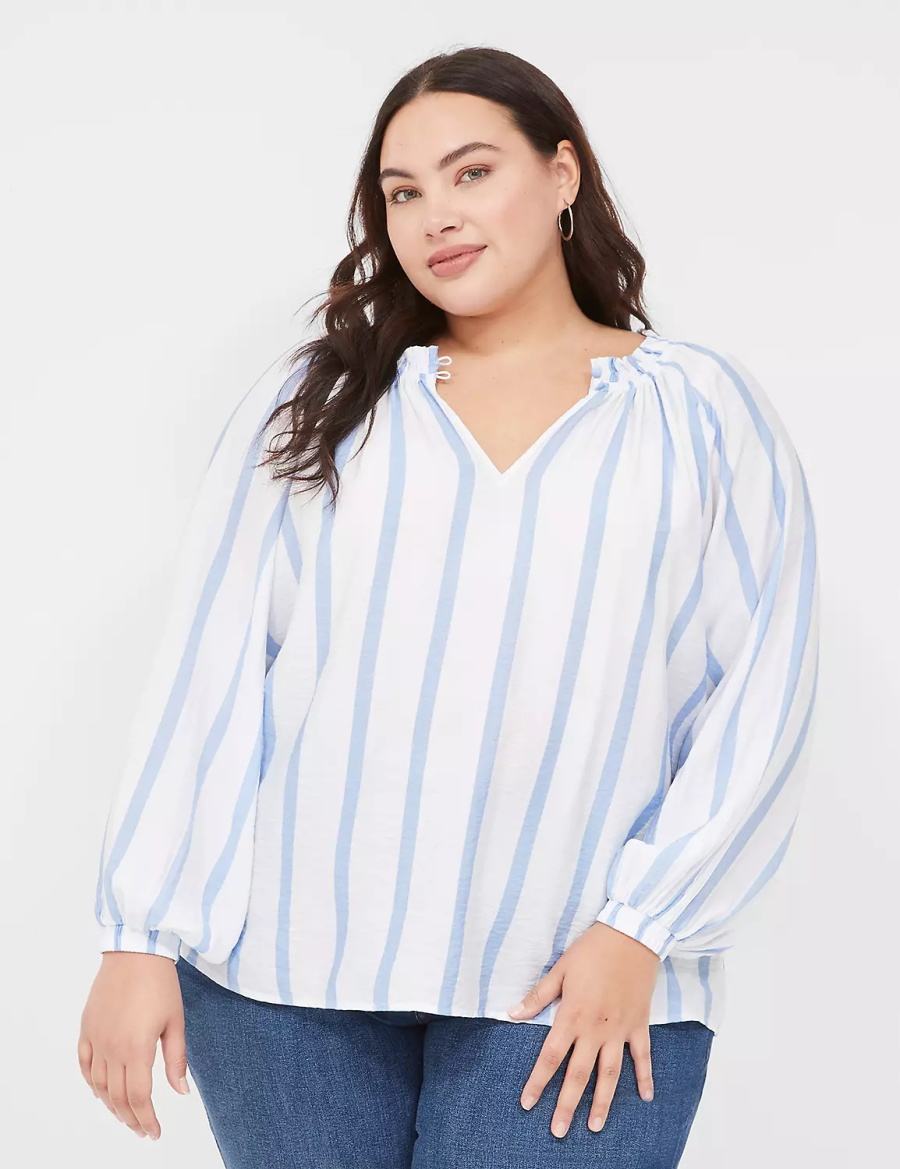 Lane Bryant Swing-Sleeve Popover Women Blouse Blue Stripes | DRG3176RF