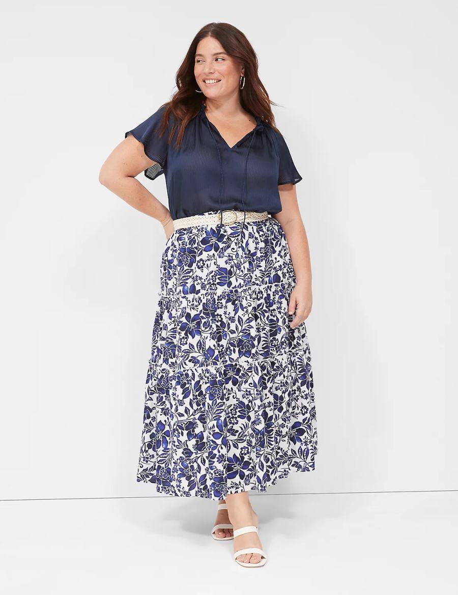 Lane Bryant Swing Cap-Sleeve Tie-Front Women Blouse Blue | QOD5481PB