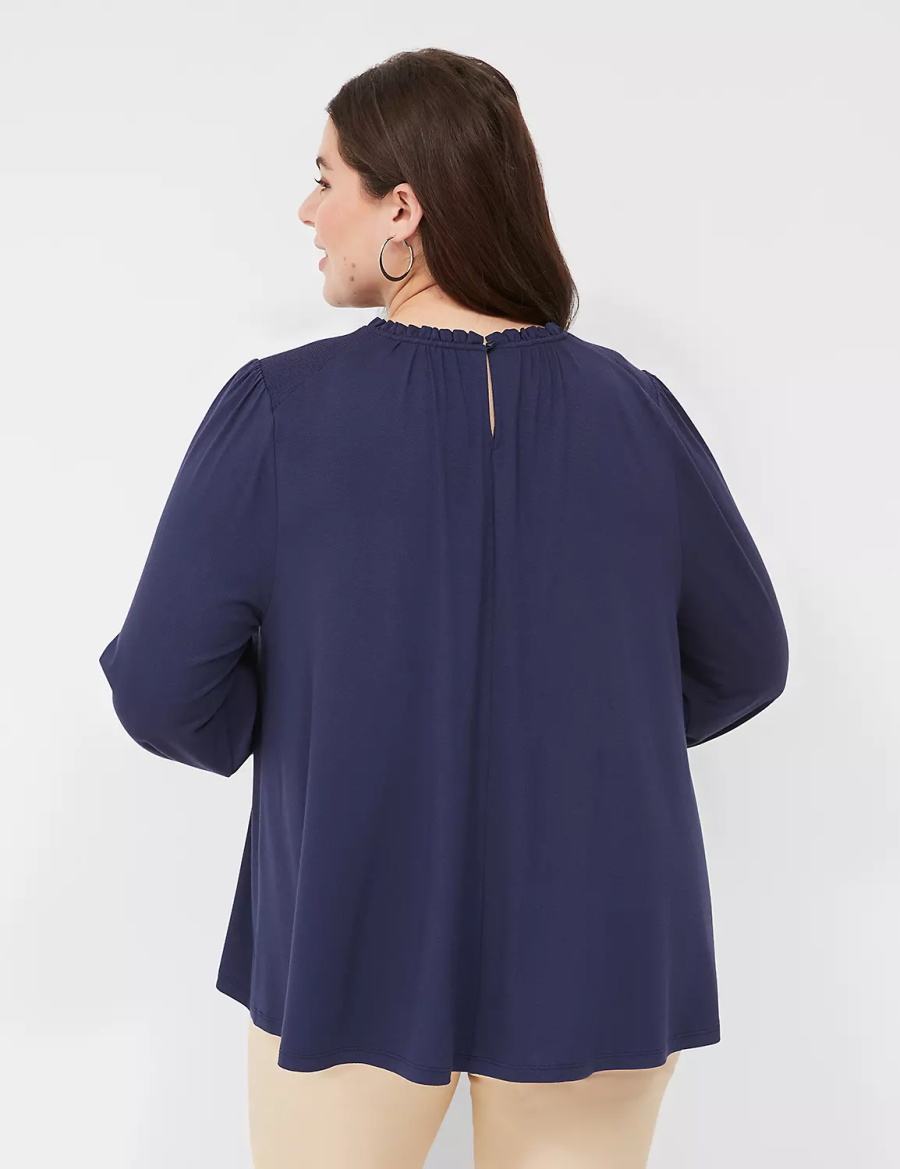 Lane Bryant Swing Crew-Neck Smocked-Shoulder Top Women Blouse Blue | WRE5351TY