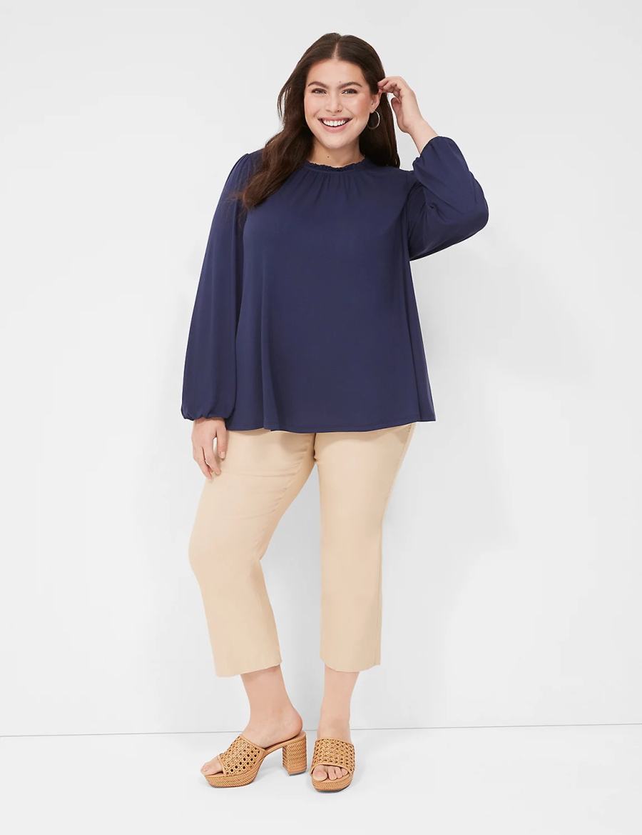 Lane Bryant Swing Crew-Neck Smocked-Shoulder Top Women Blouse Blue | WRE5351TY