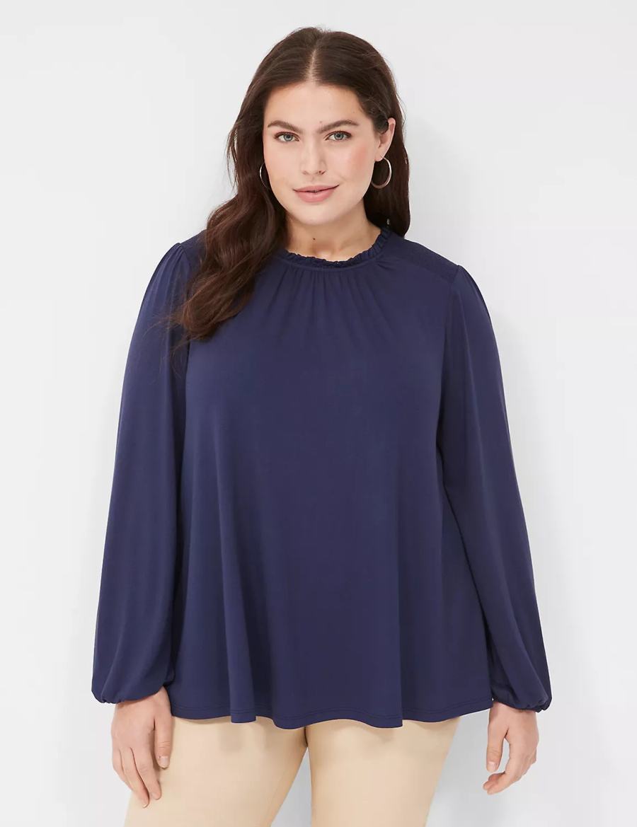 Lane Bryant Swing Crew-Neck Smocked-Shoulder Top Women Blouse Blue | WRE5351TY