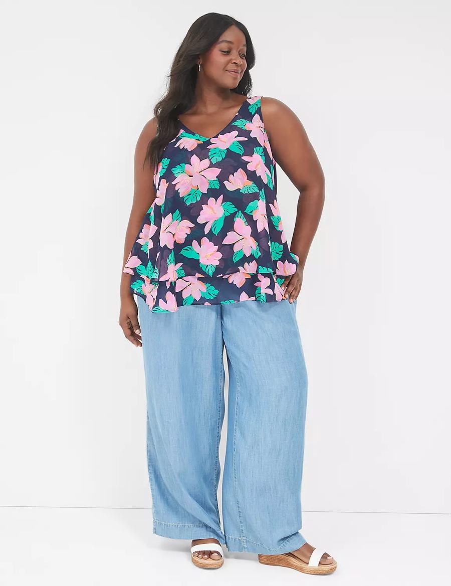 Lane Bryant Swing Double-Layer Chiffon Women Tank Top Pink Navy | CAN5034RV