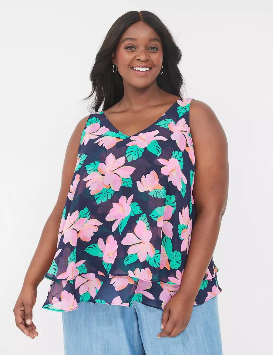 Lane Bryant Swing Double-Layer Chiffon Women Tank Top Pink Navy | CAN5034RV